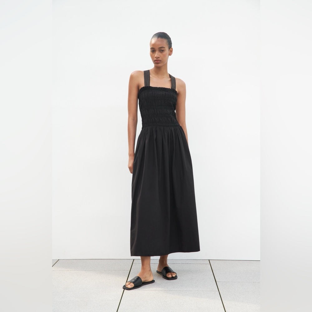 ZARA TOPSTITCHED CROSS BACK STRAPS MIDI DRESS IN BLACK